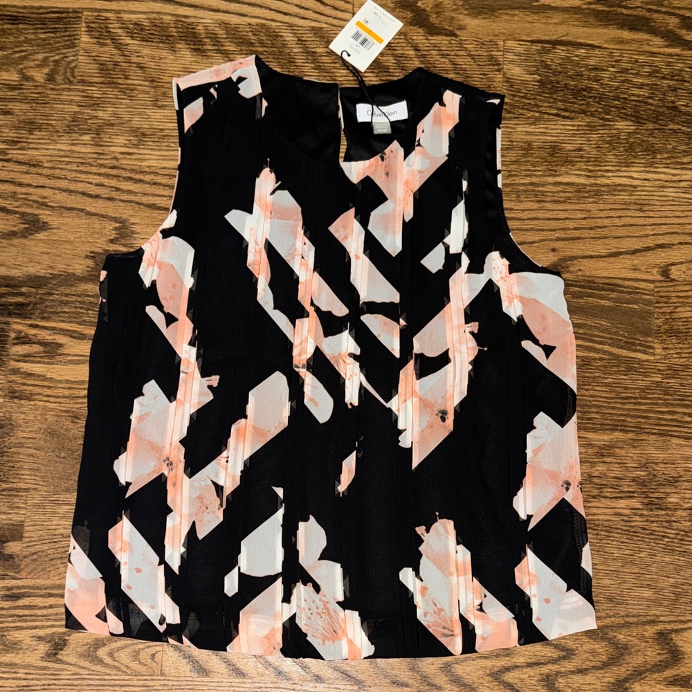 ✅ Calvin Klein Black Sleeveless Camisole with Pink & White Abstract Print